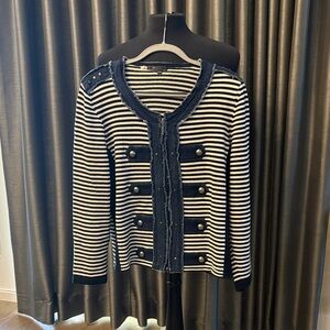 Stylish Blue and White Striped Cardigan with Blue Jean Trimming